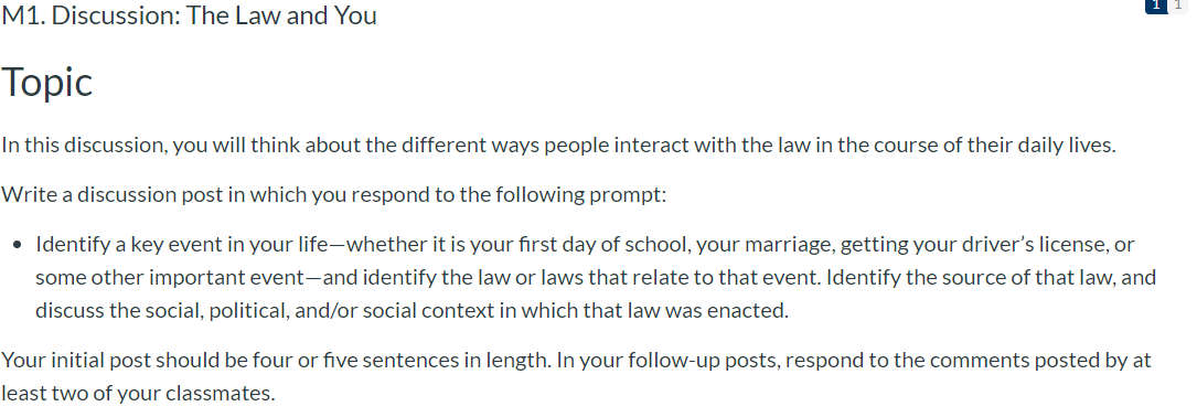 Business Law 1 class M1. Discussion: The Law and