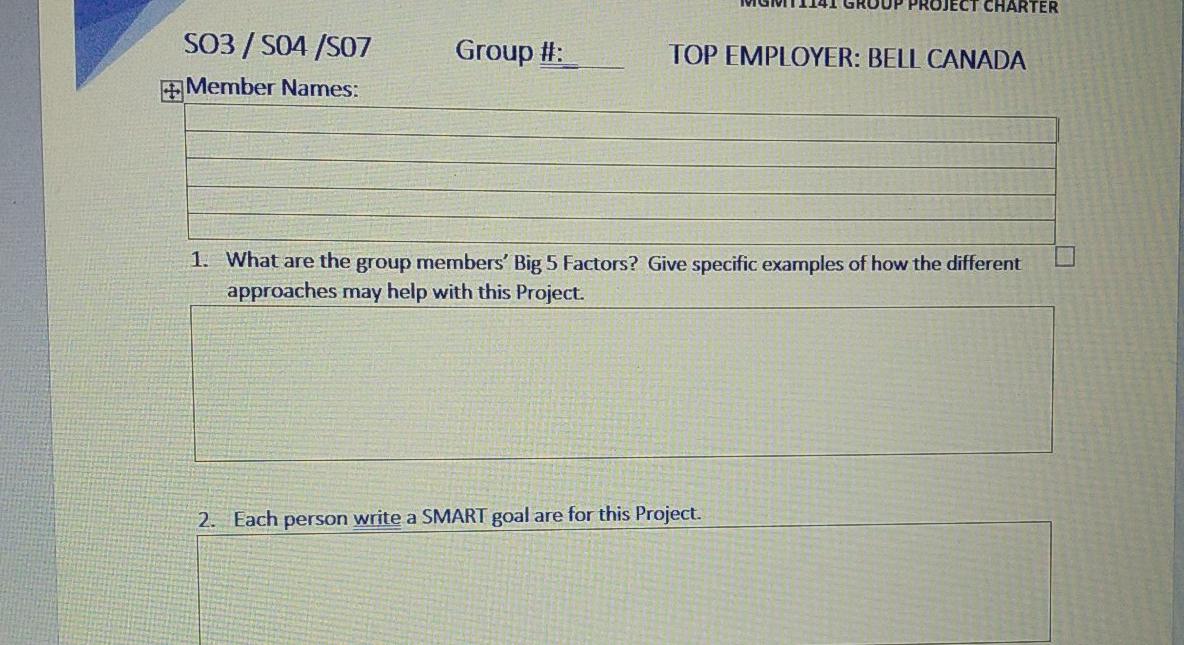 ECT CHARTER SO3 / 504 /SO7 Member Names: Group #: