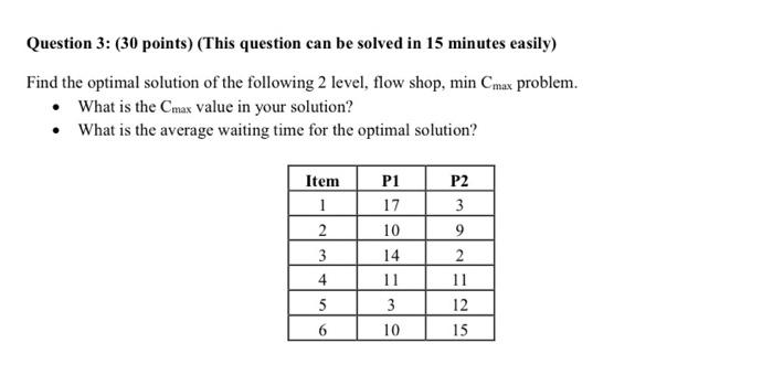 production planning Question 3: (30 points) (This