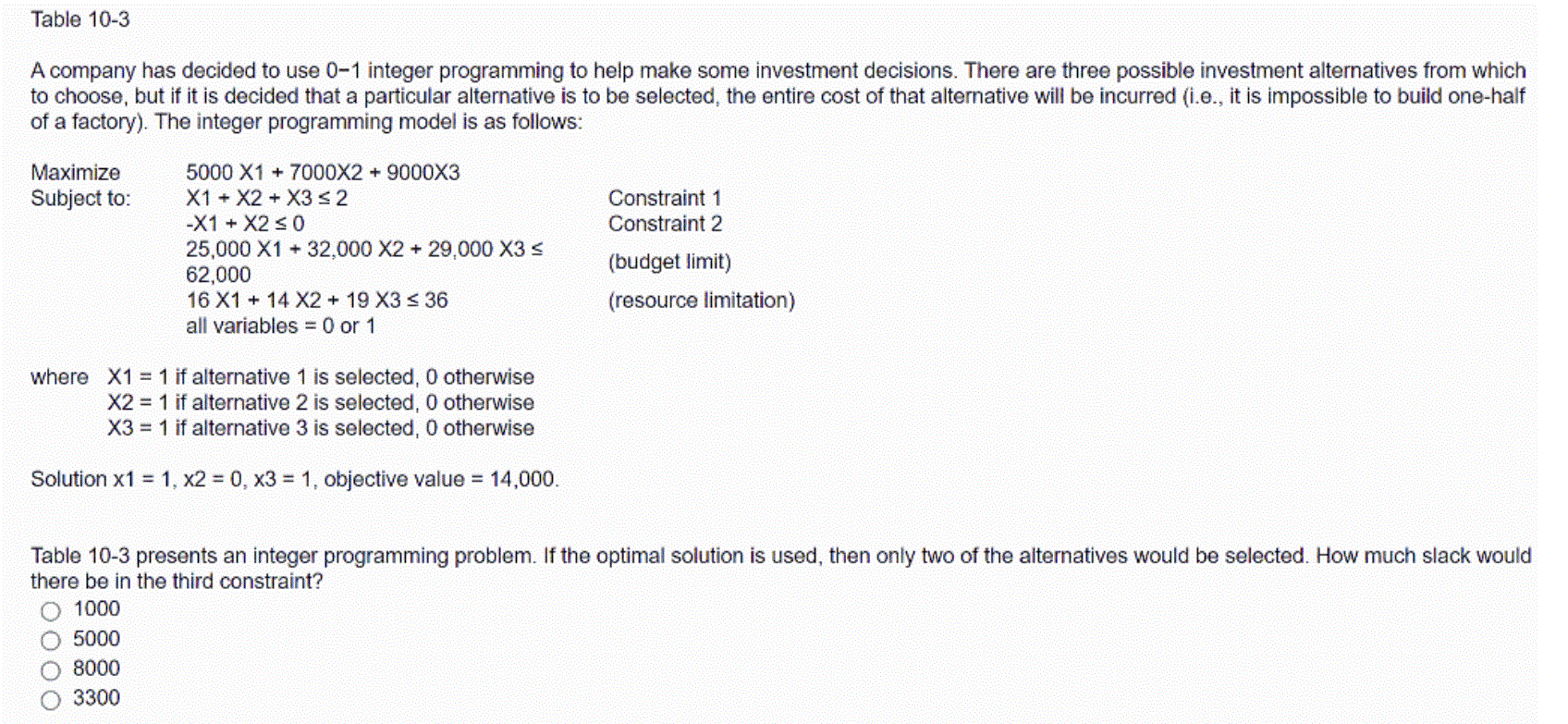 Table 10-3 A company has decided to use 0-1