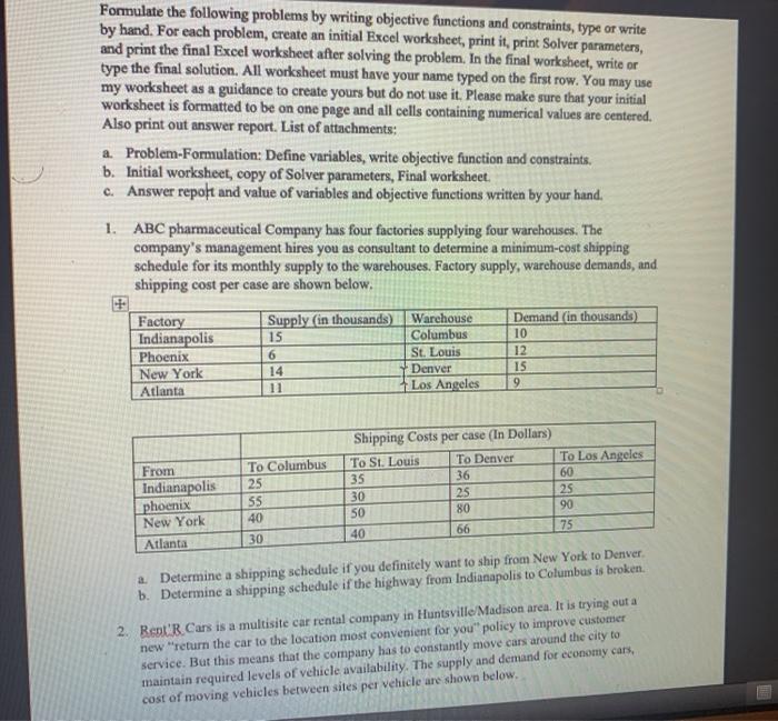 Formulate the following problems by writing