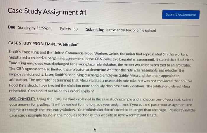Case Study Assignment #1 Submit Assignment Due