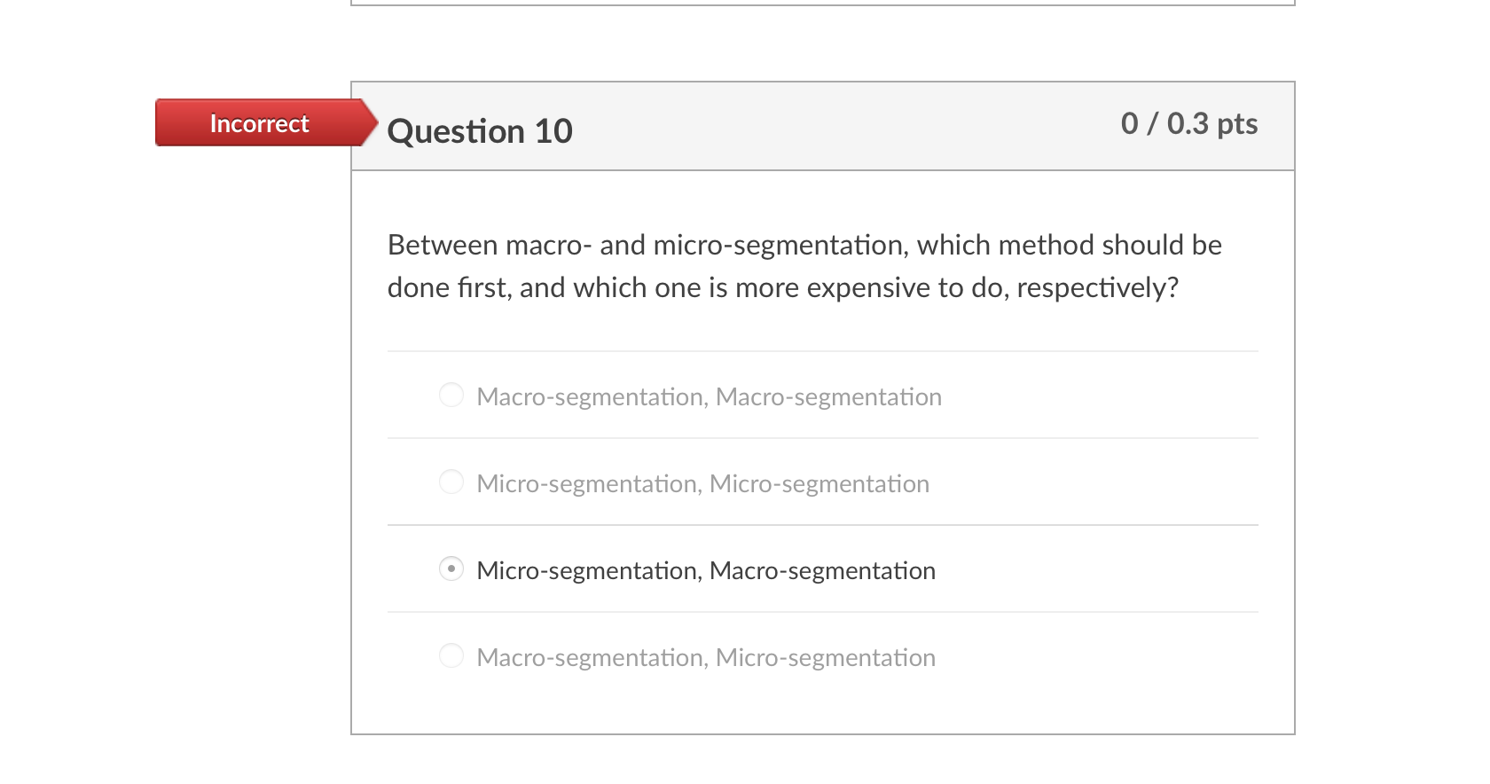 Incorrect Question 10 0/0.3 pts Between macro-