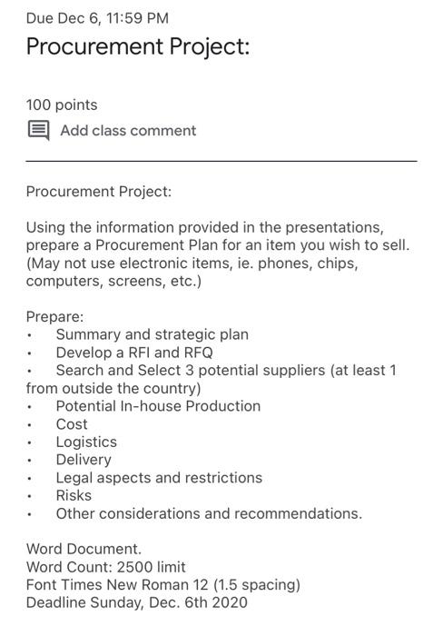 Due Dec 6, 11:59 PM Procurement Project: 100