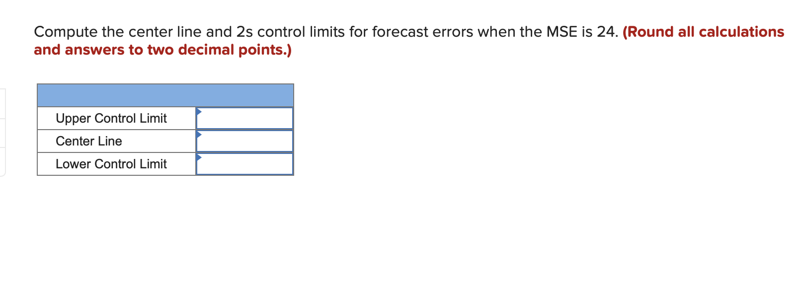 Compute the center line and 2s control limits for