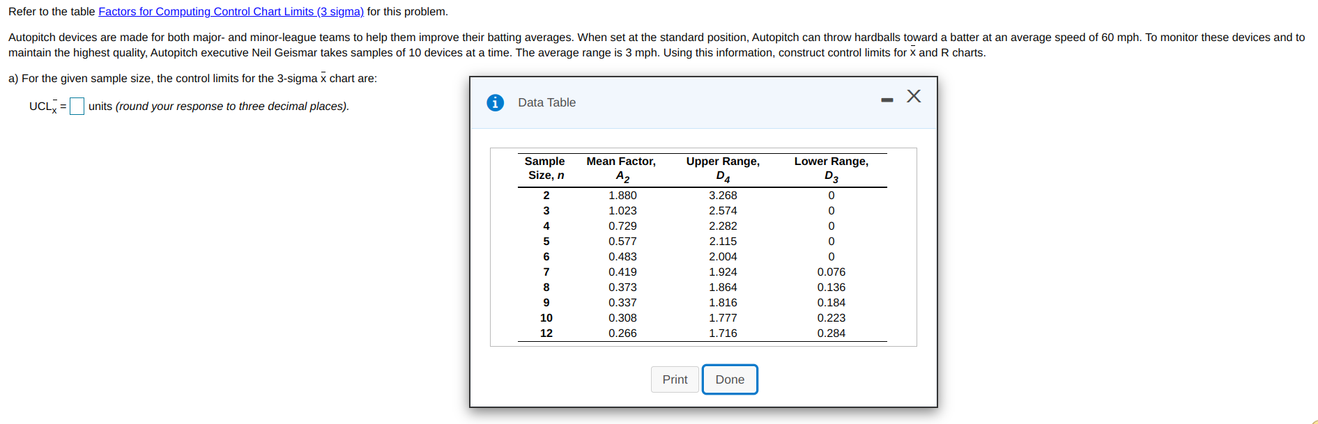 Refer to the table Factors for Computing Control