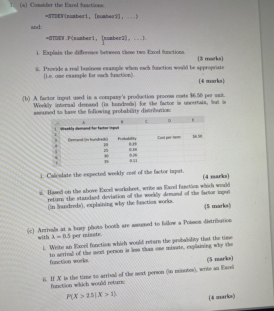 (a) Consider the Excel functions: =STDEV( number