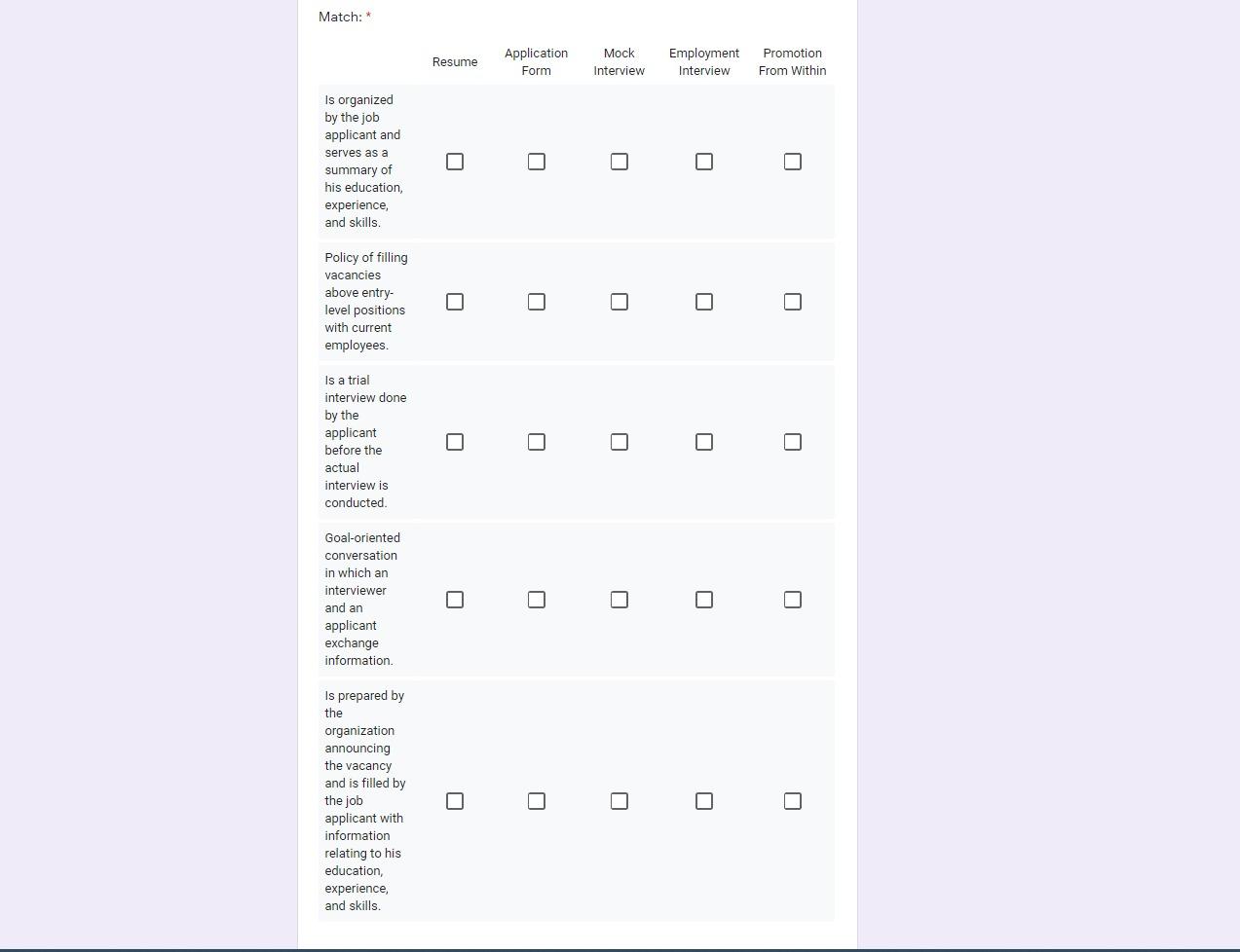 Match: Resume Application Form Mock Interview