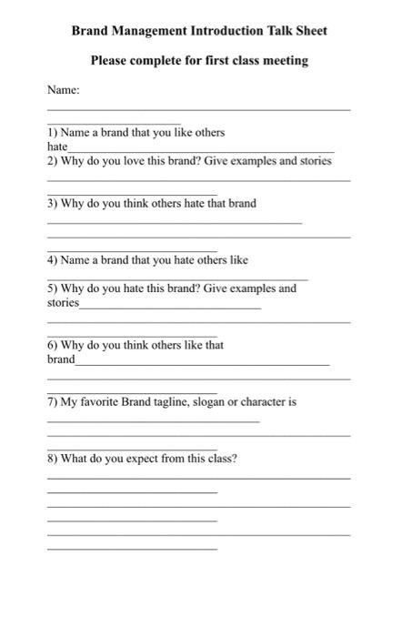 Brand Management Introduction Talk Sheet Please