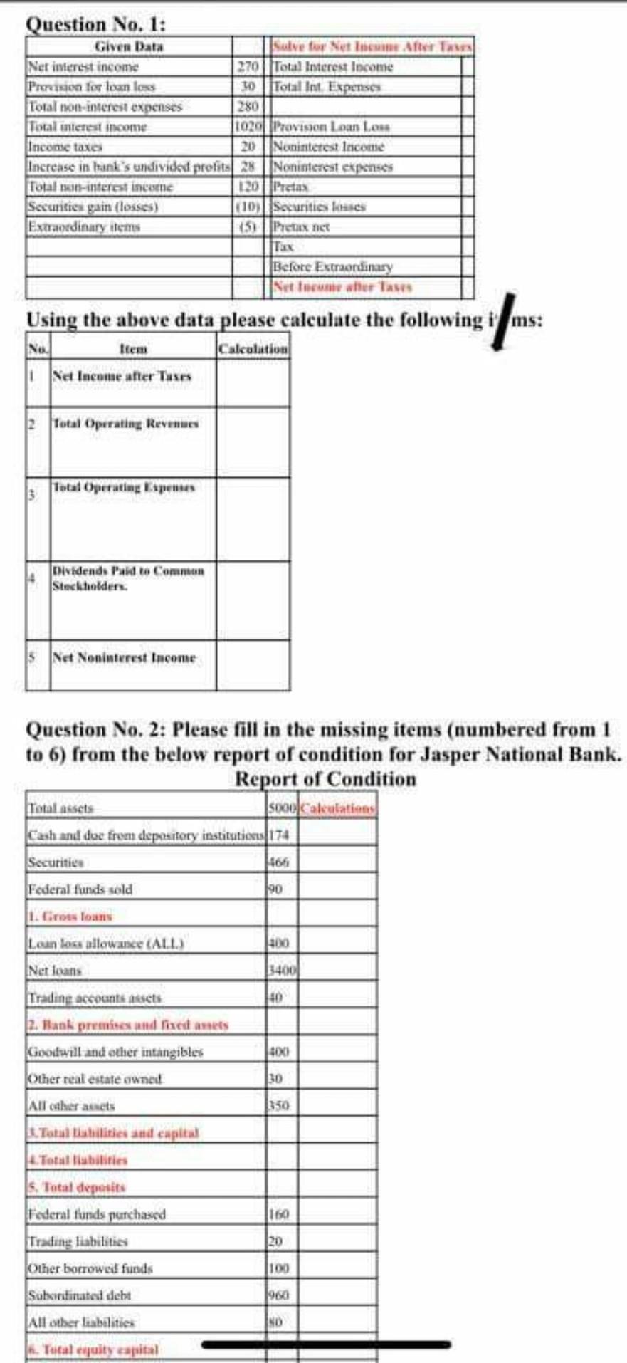 Question No. 1: Given Data Salve for Net Income
