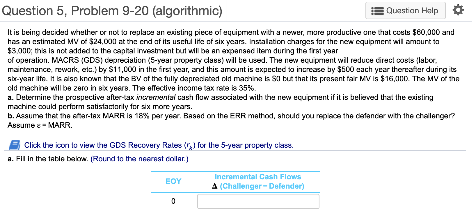 Question 5, Problem 9-20 (algorithmic) Question