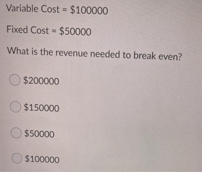 Variable Cost = $100000 Fixed Cost = $50000 What
