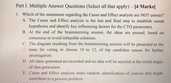 Part I. Multiple Answer Questions (Select all