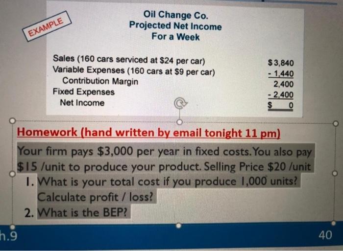 Oil Change Co. Projected Net Income For a Week