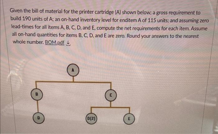please help! Given the bill of material for the
