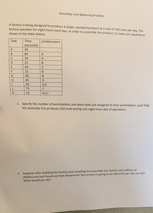Assembly Line Balancing Problem A factory is