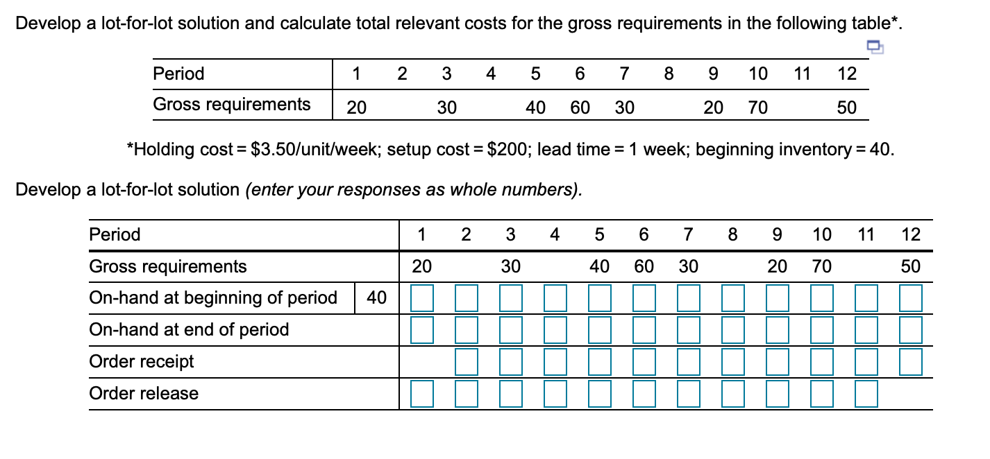 Develop a lot-for-lot solution and calculate