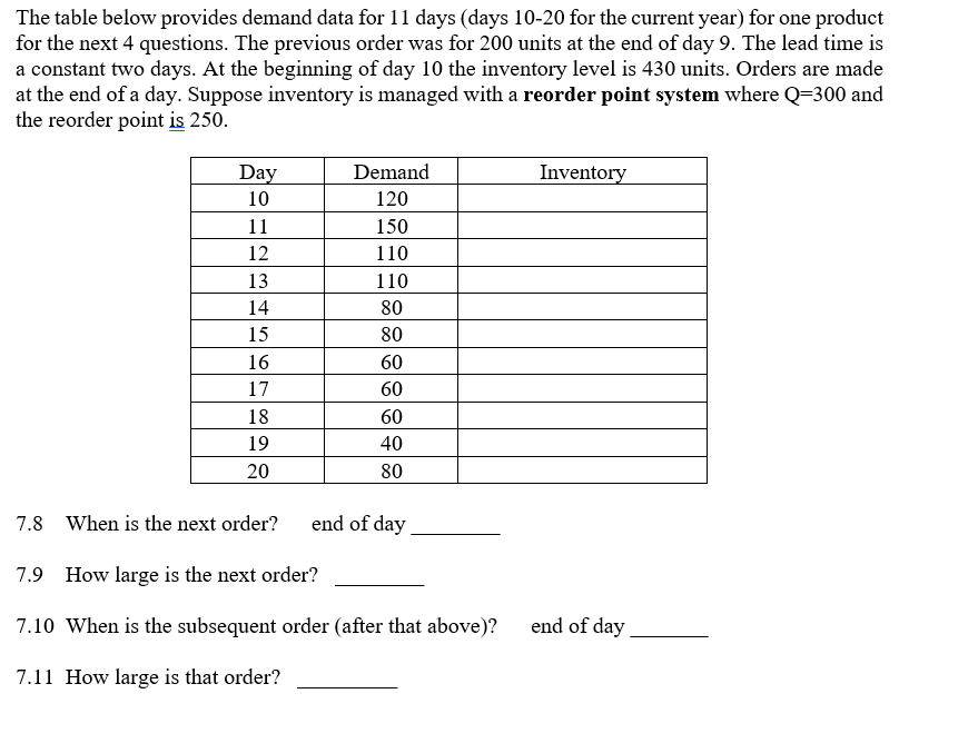 The table below provides demand data for 11 days