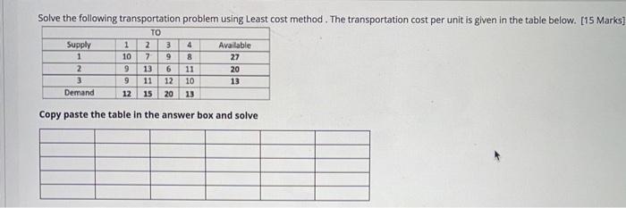 Solve the following transportation problem using