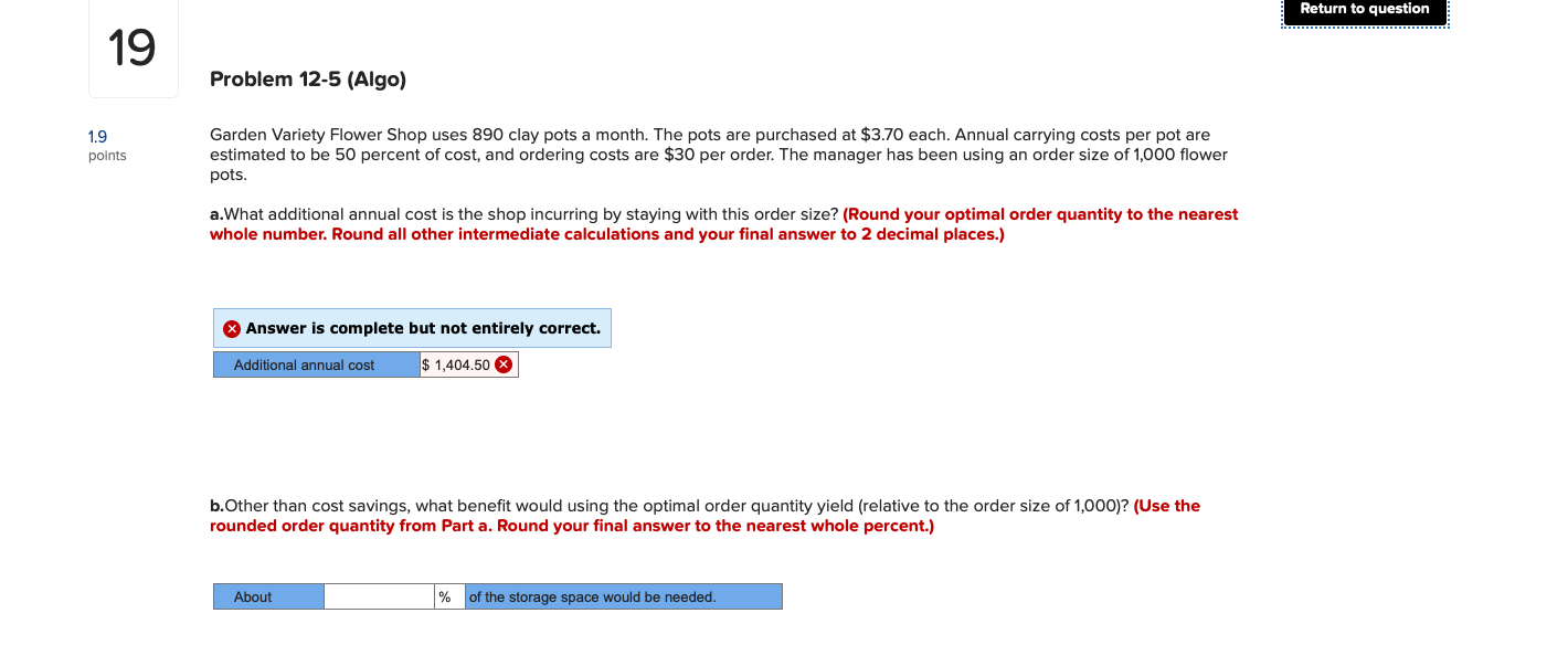 Return to question 19 Problem 12-5 (Algo) 1.9