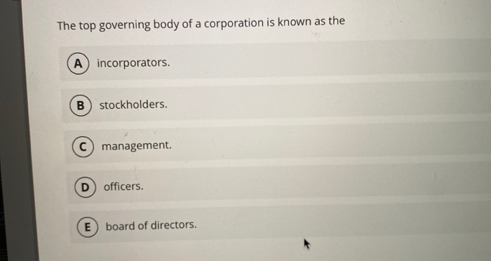 The top governing body of a corporation is known