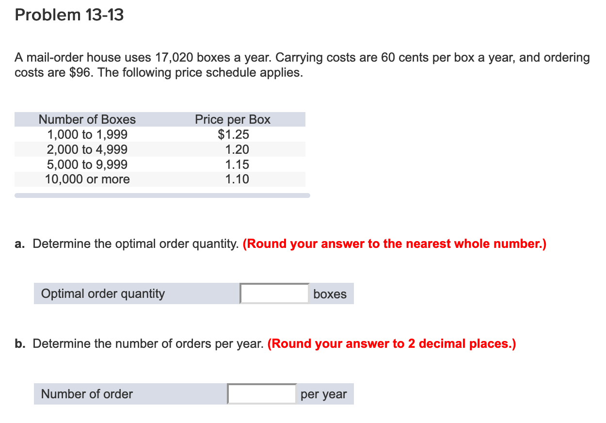 Problem 13-13 A mail-order house uses 17,020
