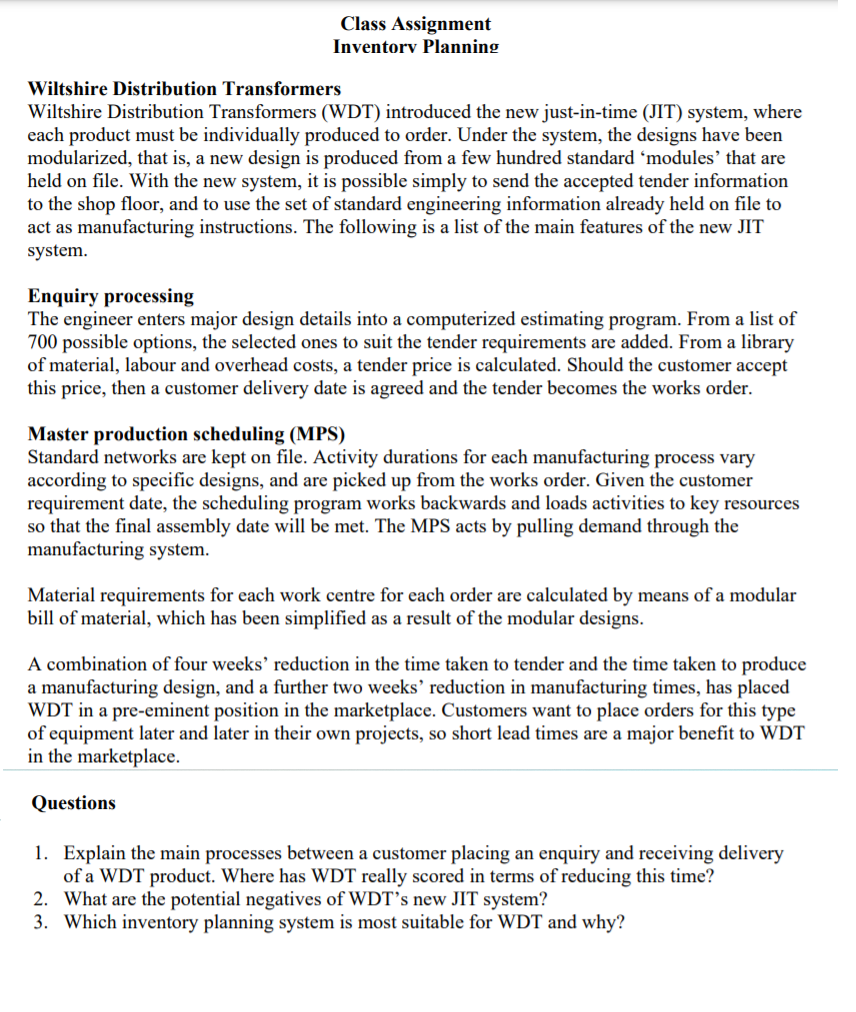 Class Assignment Inventory Planning Wiltshire