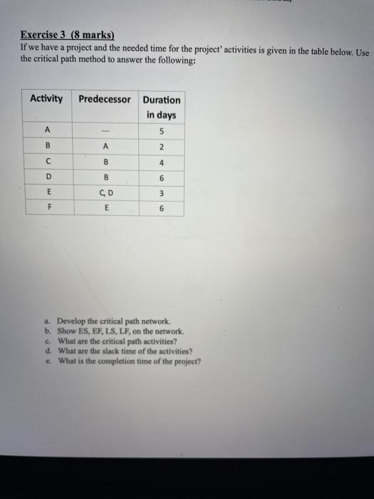 Exercise 3 (8 marks) If we have a project and the