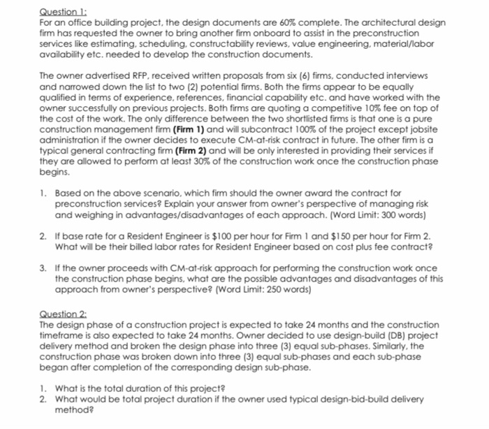 Question 1: For an office building project, the