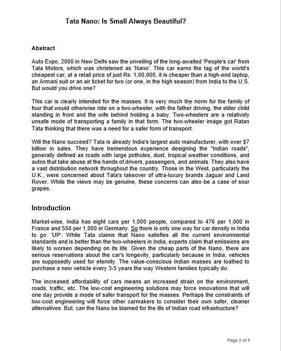 Tata Nano: Is Small Always Beautiful? Abstract