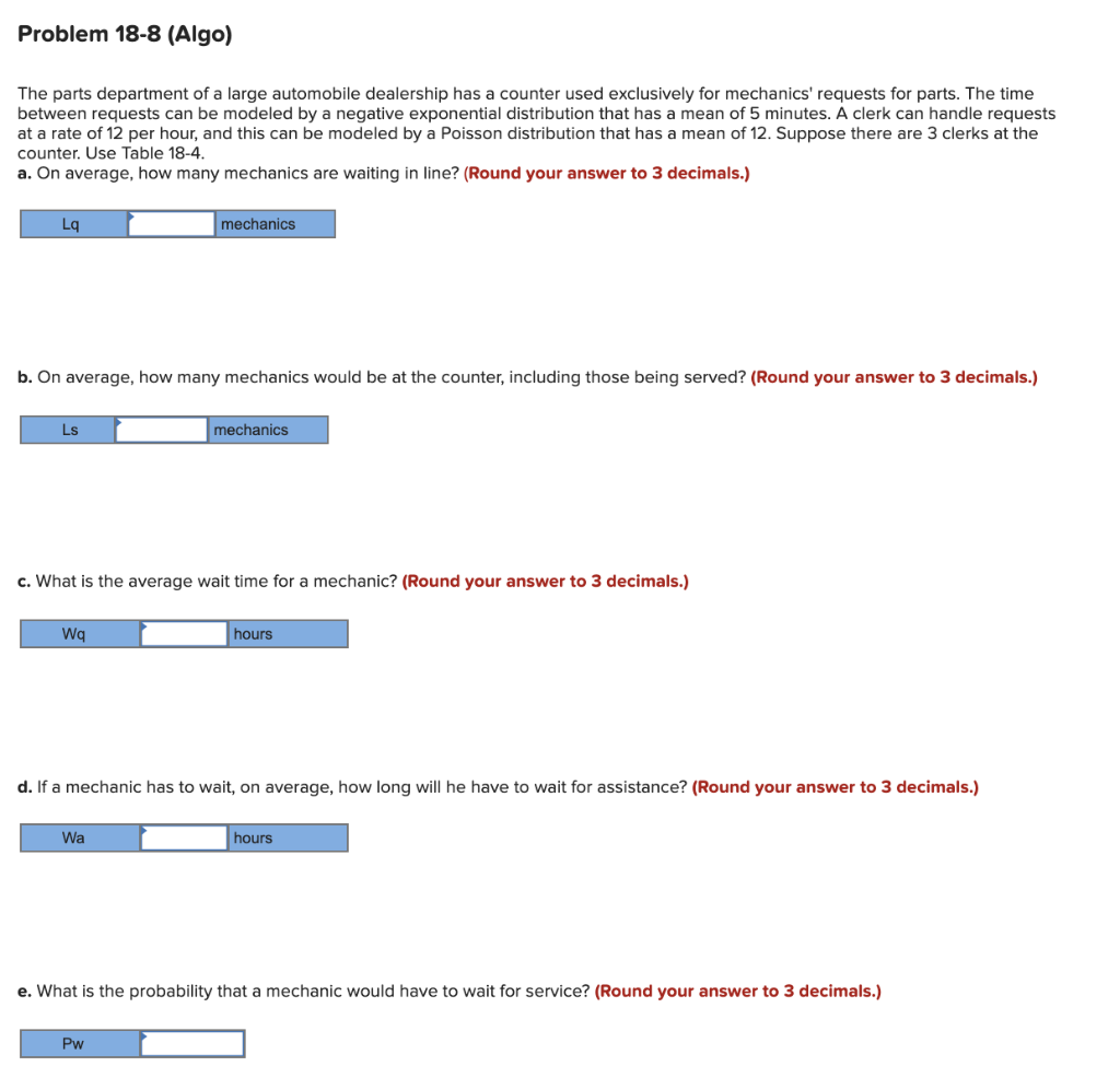 Problem 18-8 (Algo) The parts department of a