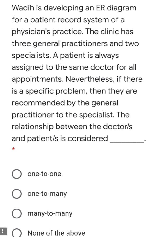Wadih is developing an ER diagram for a patient