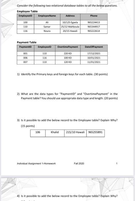 Consider the following two relational database