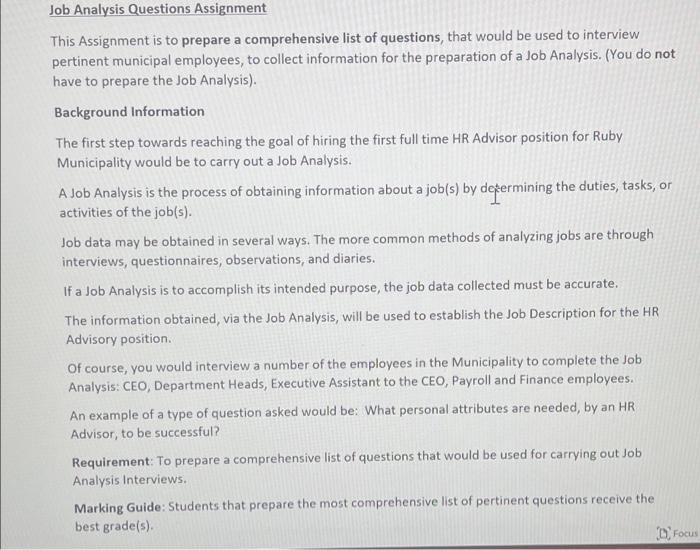 Job Analysis Questions Assignment This Assignment