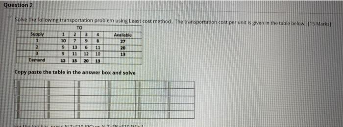 Question 2 Solve the following transportation