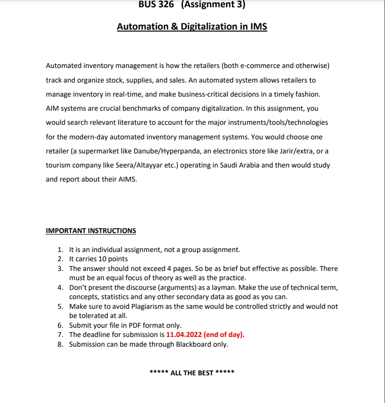 BUS 326 Assignment 3) Automation & Digitalization