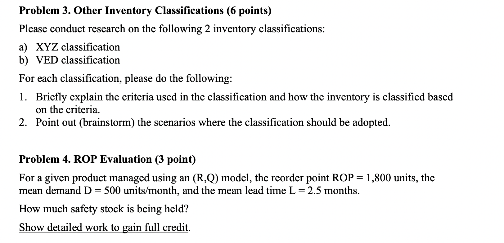 Problem 3. Other Inventory Classifications (6