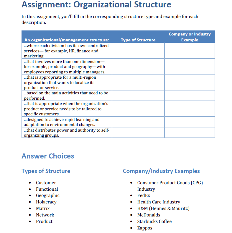 Assignment: Organizational Structure In this