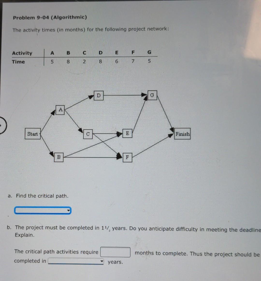 Problem 9-04 (Algorithmic) The activity times in