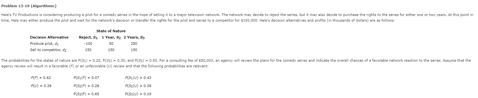 Problem 13-19 (Algorithmic) Hale's TV Productions