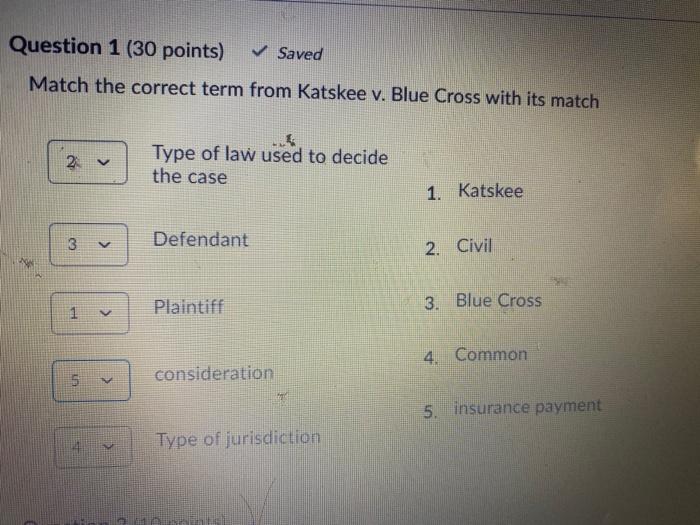 Question 1 (30 points) Saved Match the correct