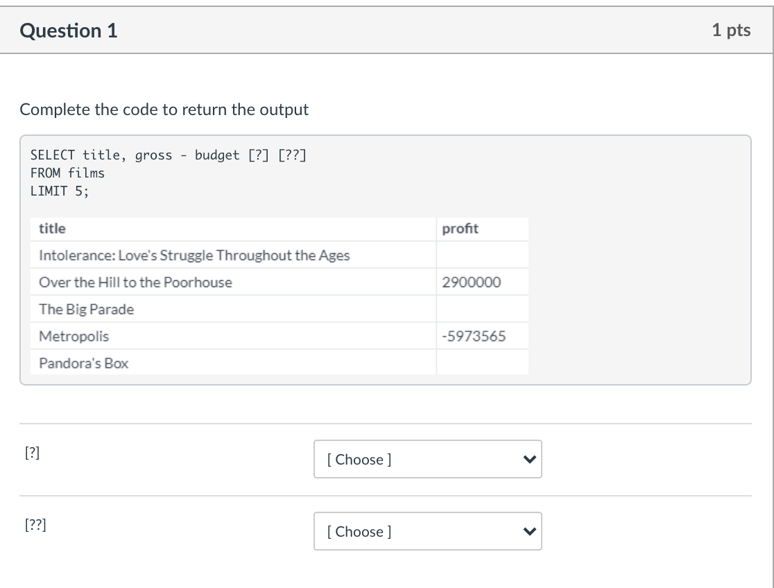 Question 1 1 pts Complete the code to return the
