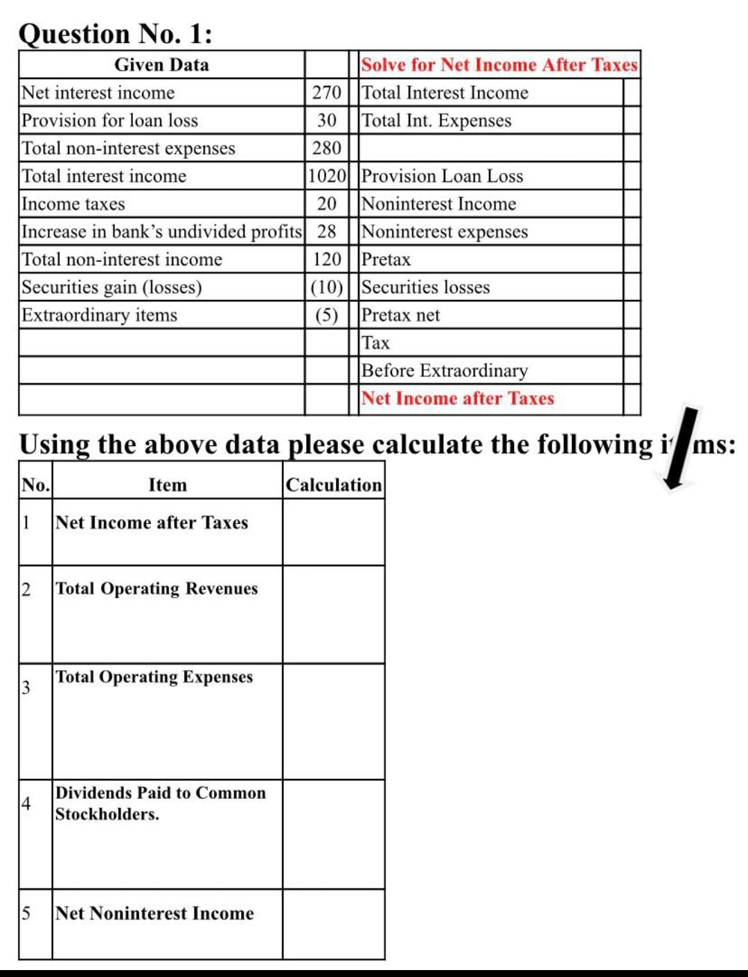 Question No. 1: Given Data Solve for Net Income