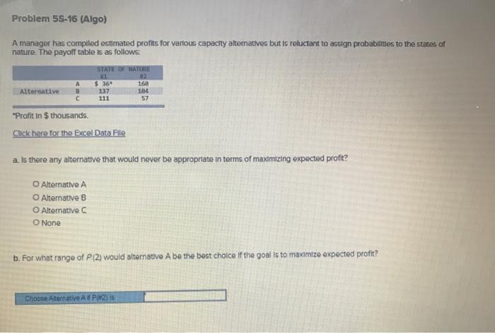 Problem 5S-16 (Algo) A manager has compiled