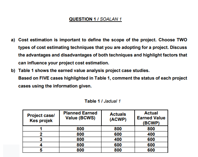 QUESTION 1 / SOALAN 1 a) Cost estimation is
