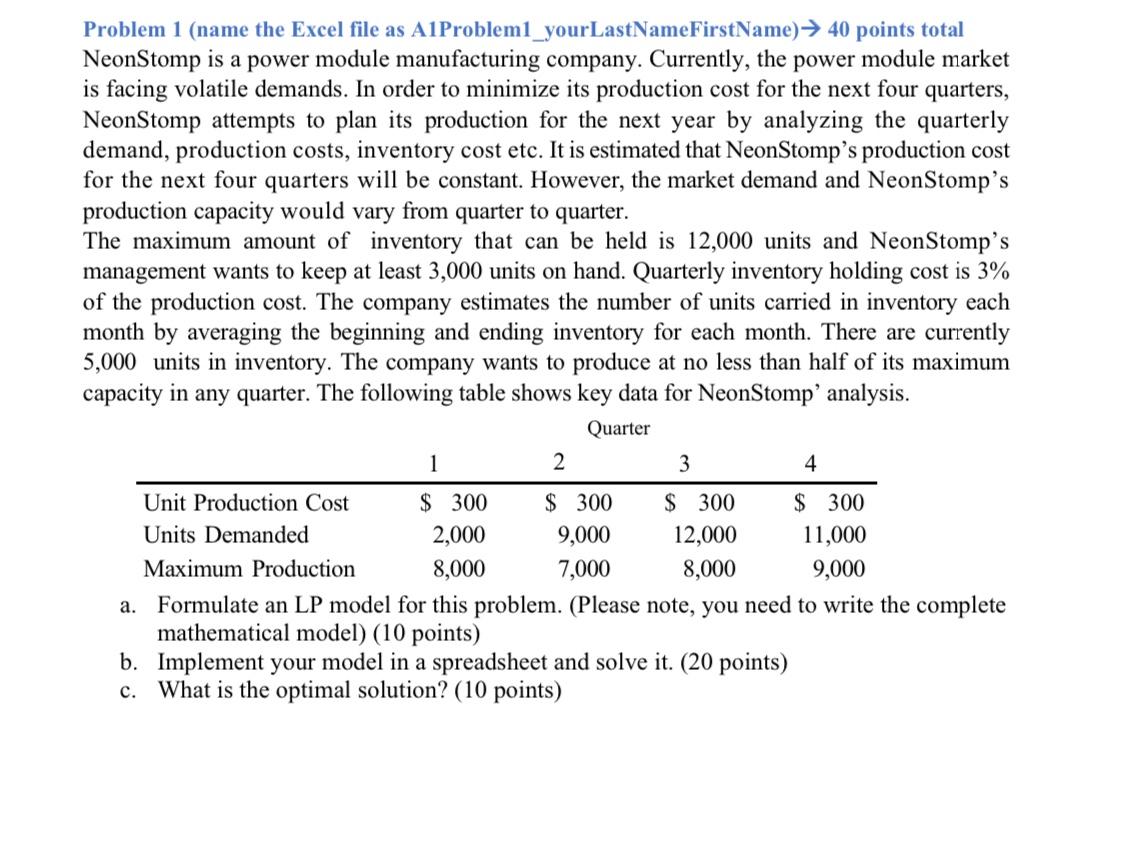 Problem 1 (name the Excel file as