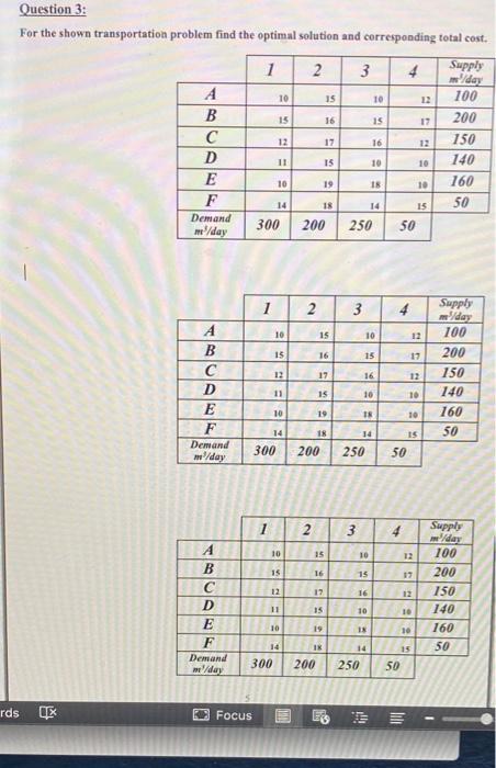 Question 3: For the shown transportation problem
