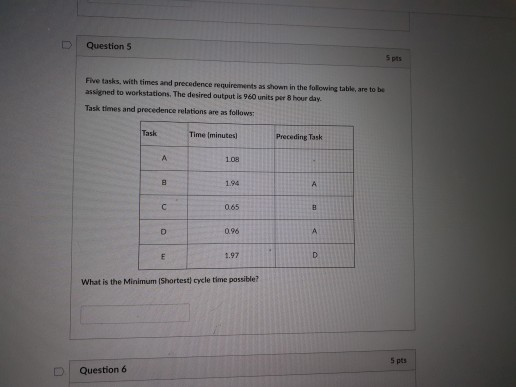 Question 5 5 pts Five tasks, with times and