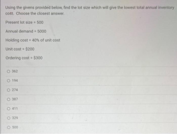 Using the givens provided below, find the lot