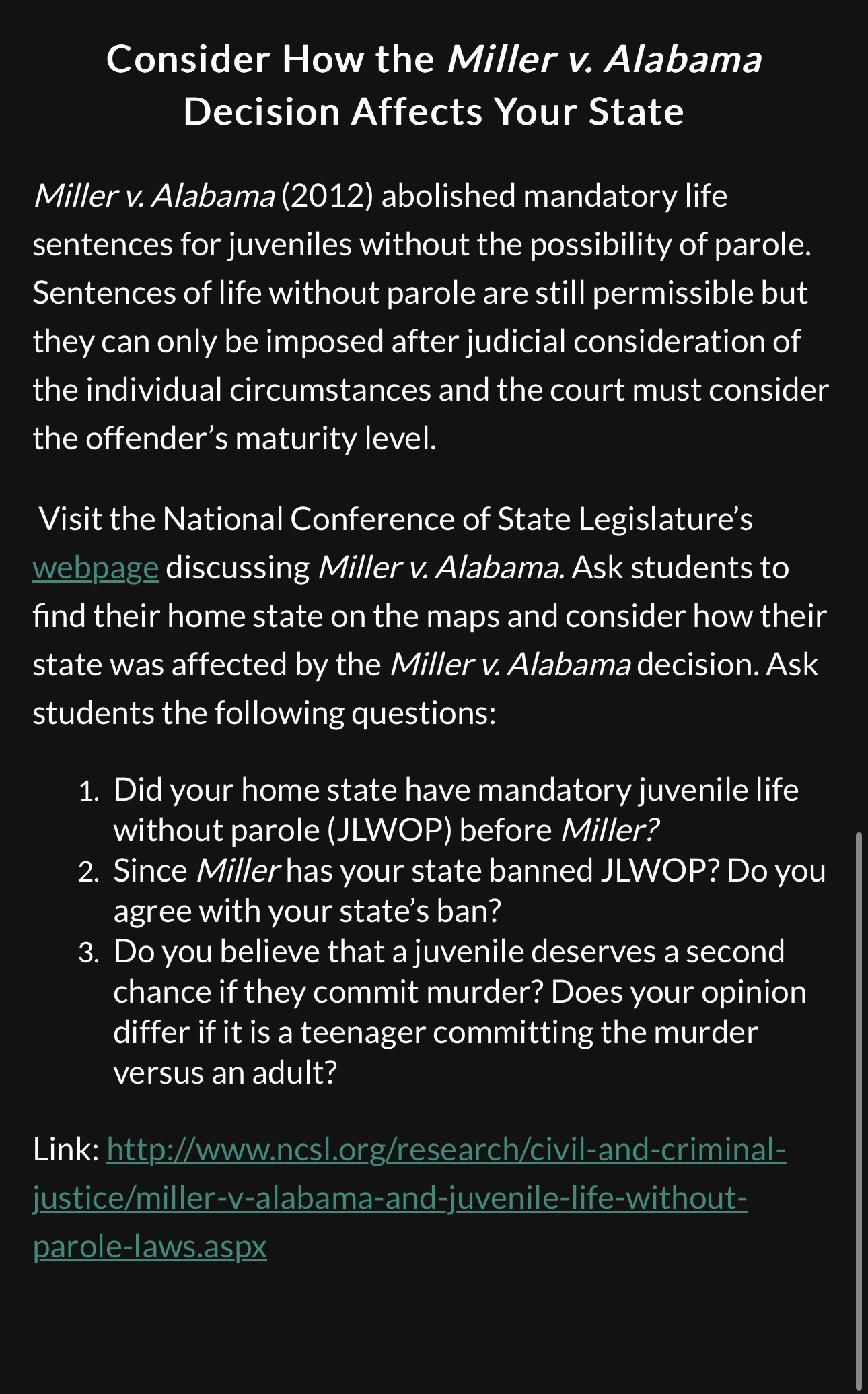 Consider How the Miller v. Alabama Decision